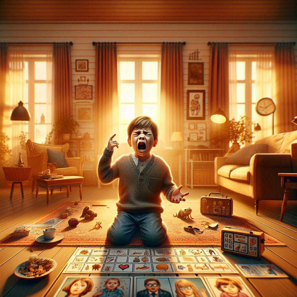 Expressive image depicting a non-verbal autistic individual experiencing frustration. The scene shows a young person in a quiet, indoor setting, perhaps a cozy living room. The individual is using gestures or pointing to pictures spread out in front of them, with a visible look of frustration or distress on their face. 