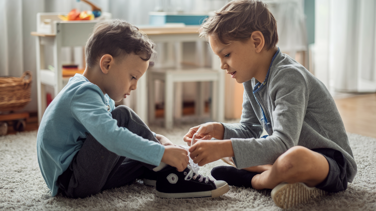 Children sibling in autism family shoelaces on carpeted floor.