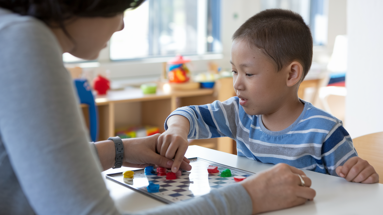 A photo of an autistic middle school non-verbal child playing a board game with their caregiver. 