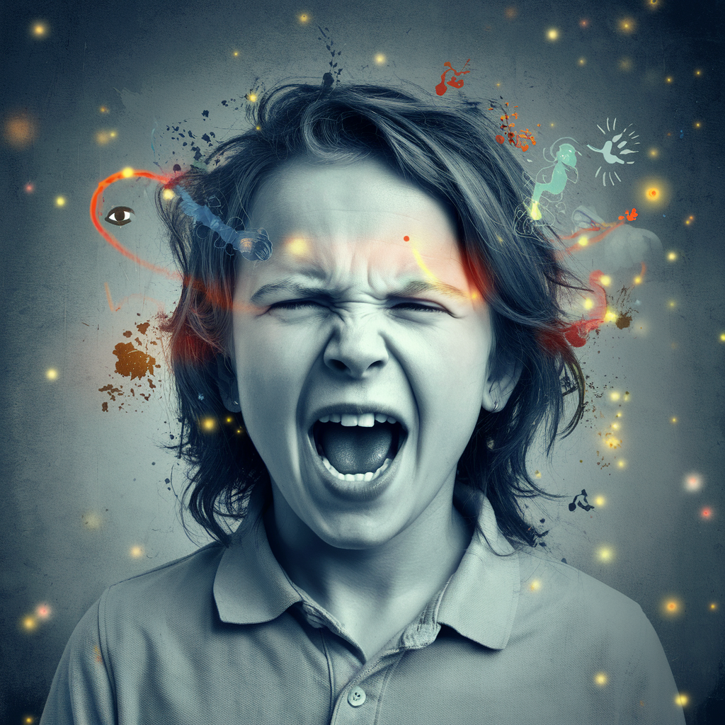 Child shouting with colorful abstract thoughts