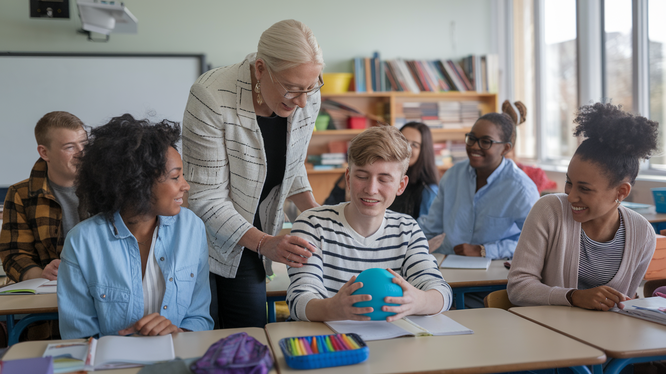 Teacher assisting smiling students with anger management tools in classroom.