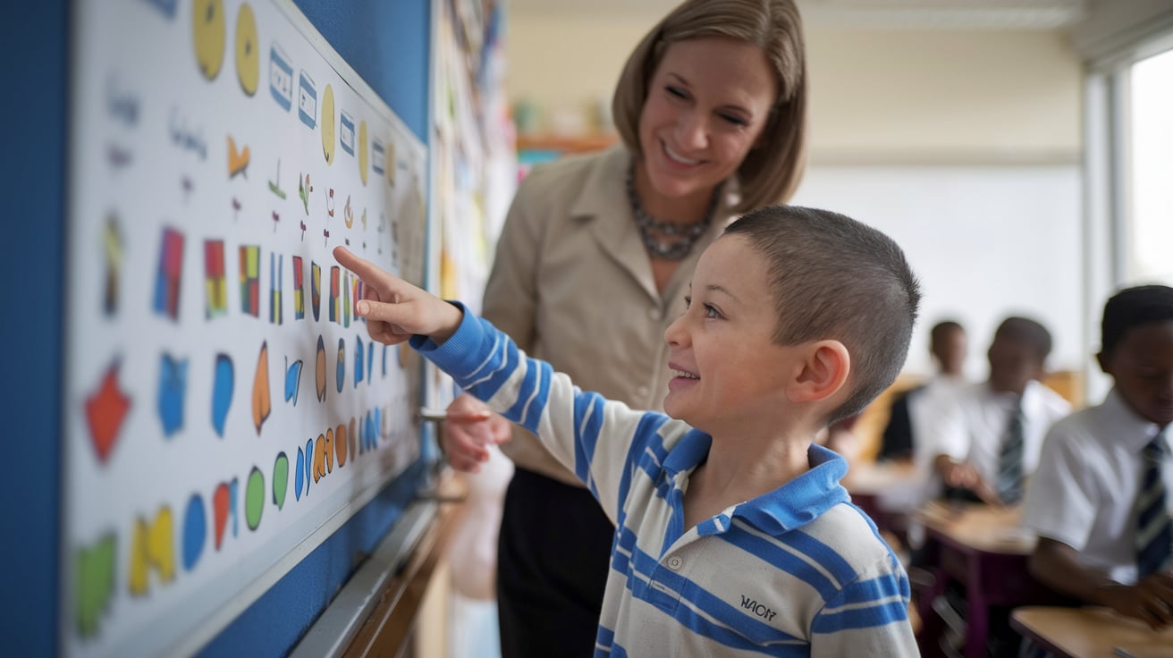 Teacher helps child with educational board promoting self advocacy for autism.