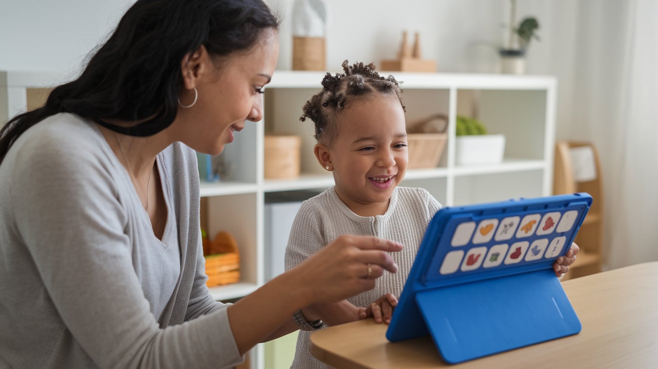 Autism Babysitter and child using educational tablet together.