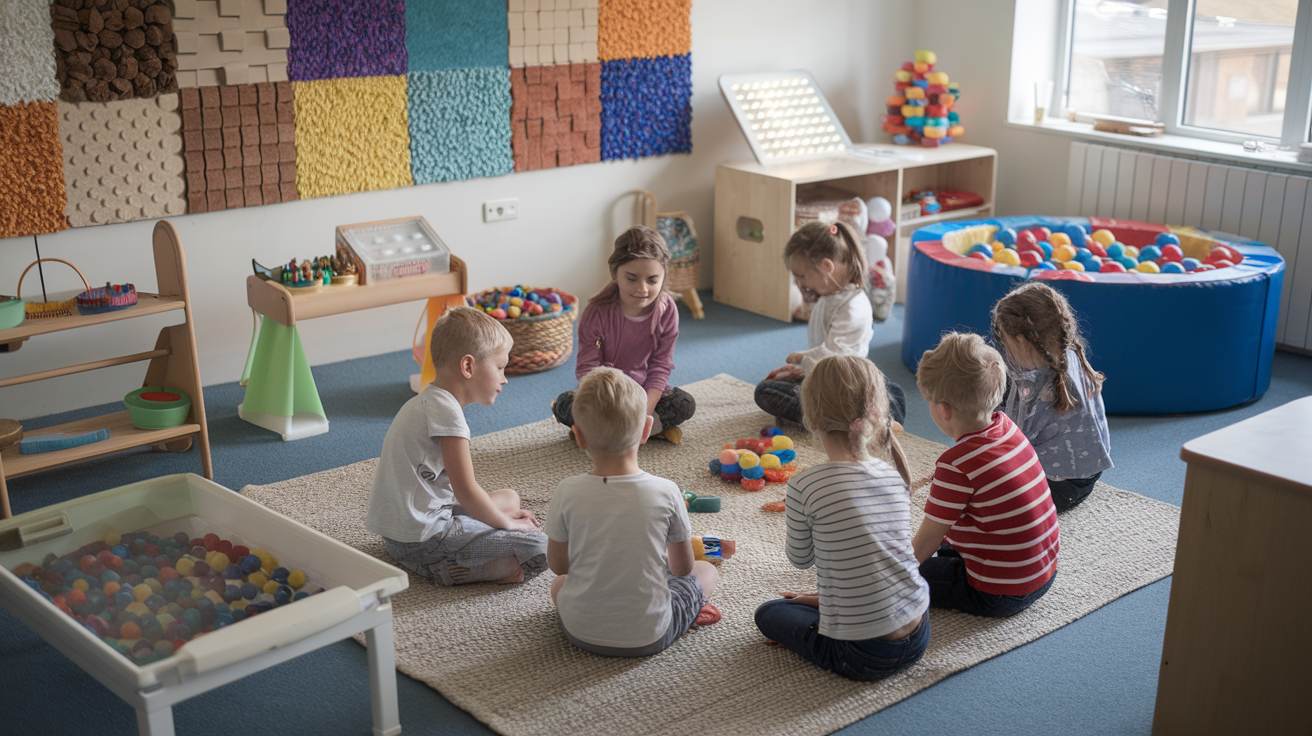 Children playing in colorful Montessori classroom