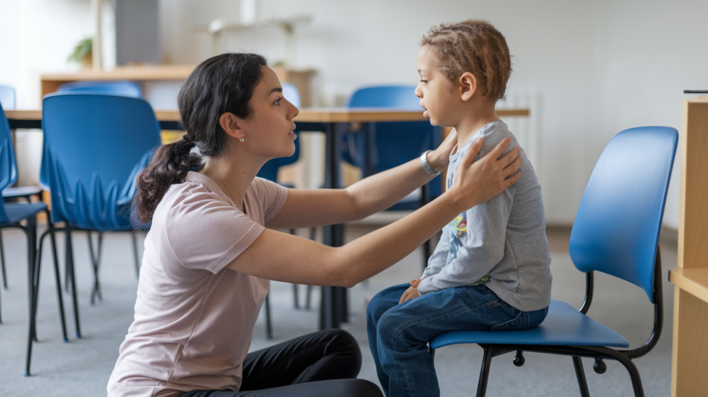 autistic child showing signs of anxiety and a teacher calming him down