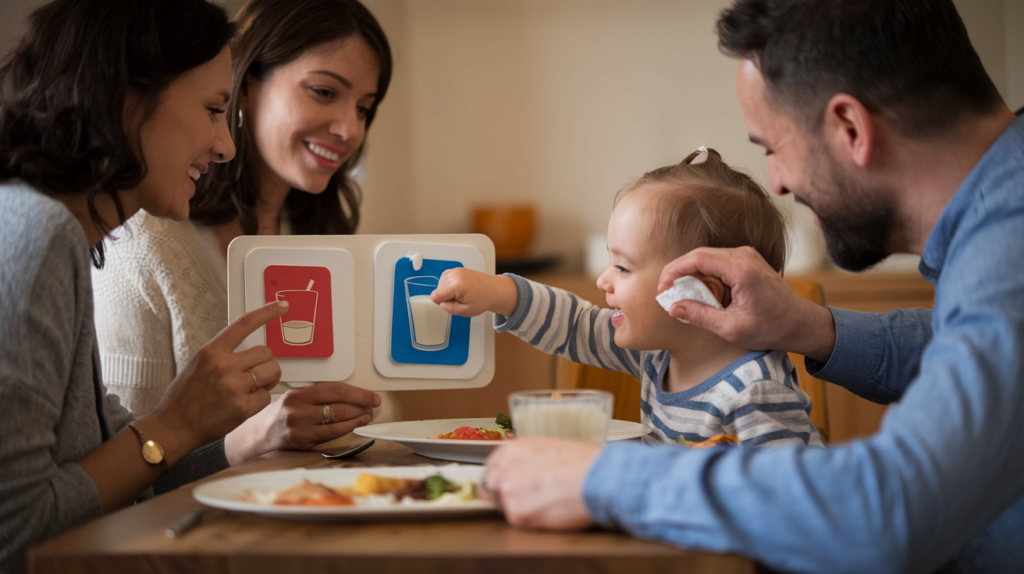 A heartwarming scene of a child using a picture communication board at a family dinner table. The board has colorful, simple images of food and drinks. The child is pointing to a picture of a glass of milk while smiling, and the family members are engaging warmly.