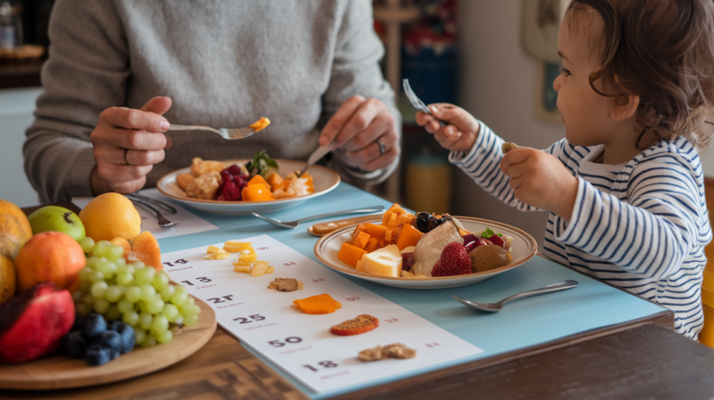 A parent helping their autistic child explore new foods with a visual meal plan.