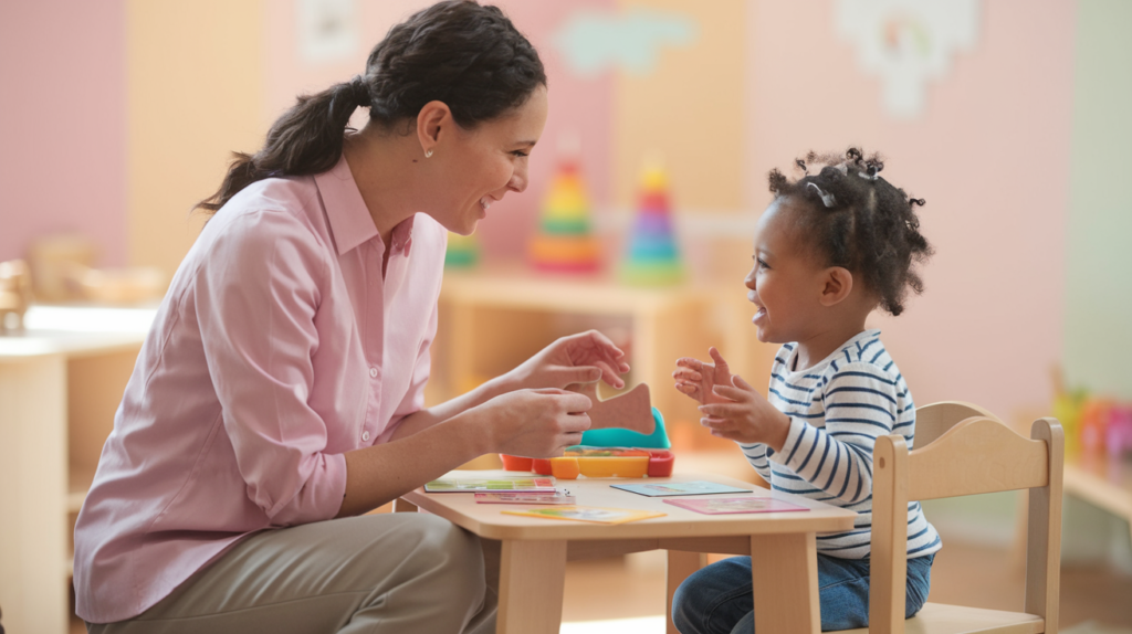 A warm, natural scene of a female speech therapist sitting at a small table with a young child (age 3-4), engaging with colorful picture cards and toys.