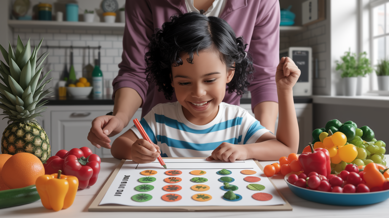 A child engaging with a food texture chart to explore new eating habits