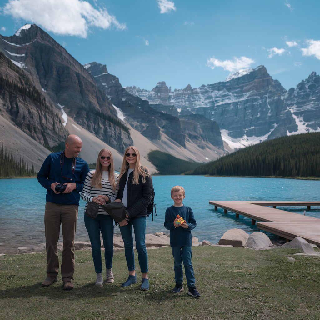 Family posing by mountain lake with dock