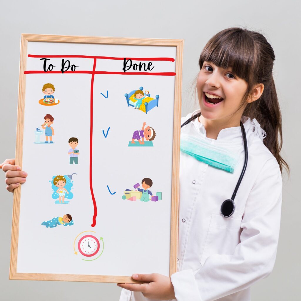 autism, executive functioning, organization skills girl with a whiteboard with to-do-list on it