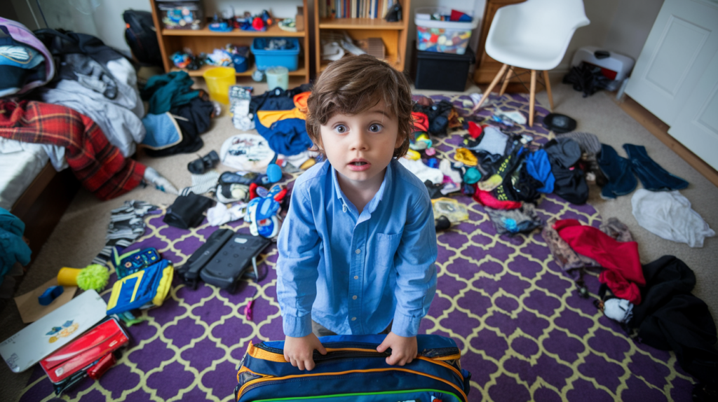 disorganized child in front of messy room feeling lost in figuring out how to get his school bag packed