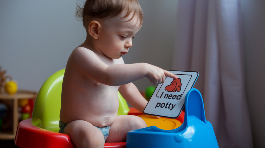 Baby learning potty training basics.