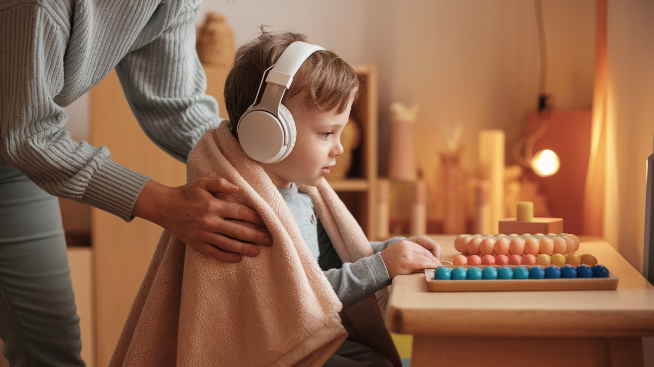 A warm, comforting scene of a parent gently guiding an autistic child into a sensory-friendly space. 