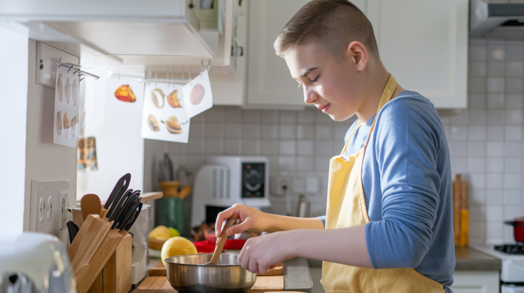 A photo of an autistic teen cooking in a bright, organized kitchen.