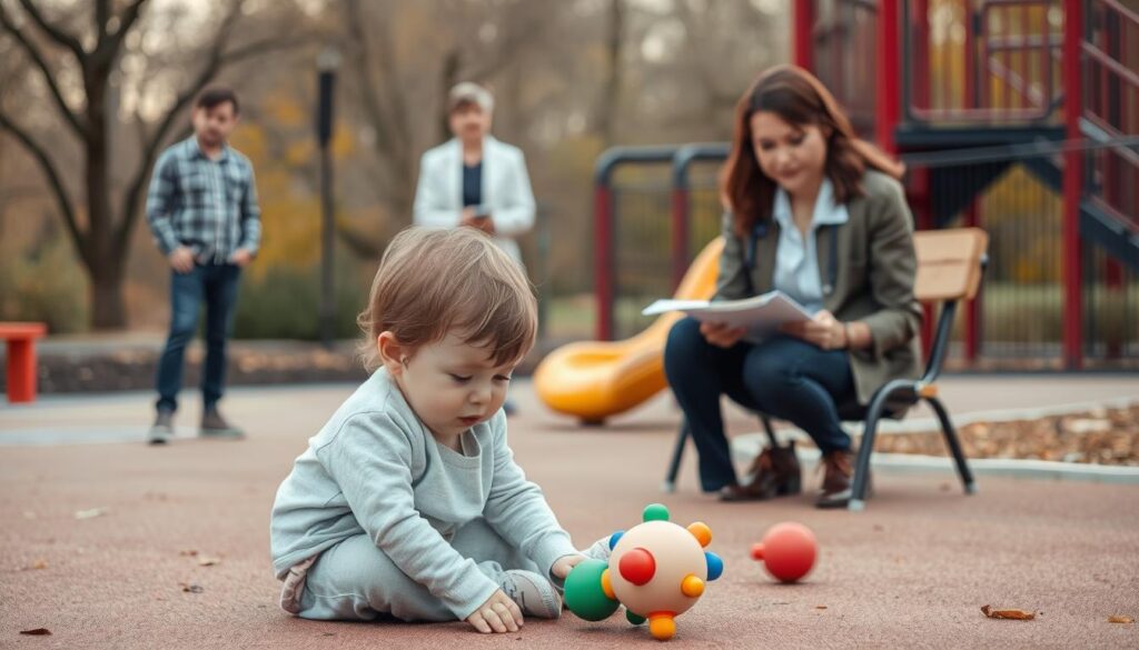 Child playing with toys in the park, adults watch.