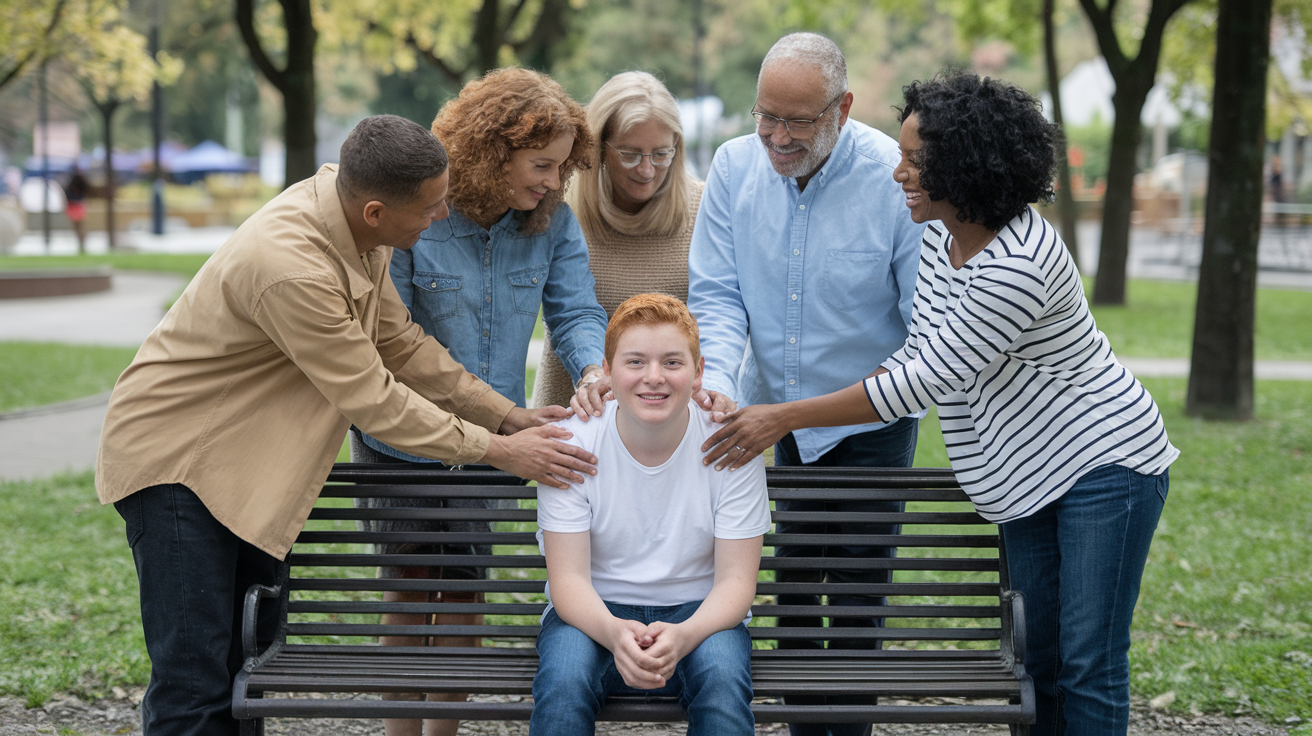 Diverse group gathered around smiling red-haired autistic boy on bench.