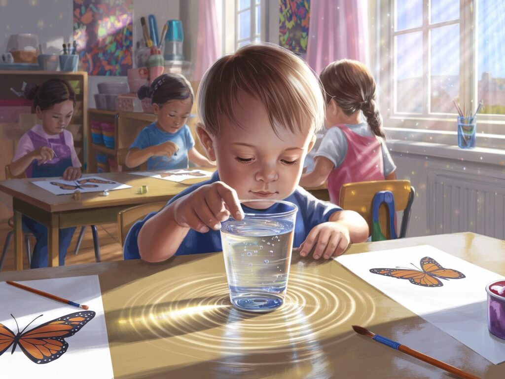 A young boy in the foreground is dipping a paintbrush into a glass of water, creating ripples on the water's surface.