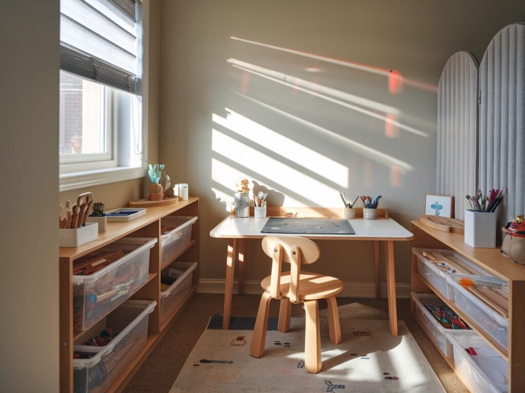 A well-organized and sunlit workspace or play area. A wooden desk sits in the center, adorned with various art supplies, including brushes, pencils, and a chalkboard