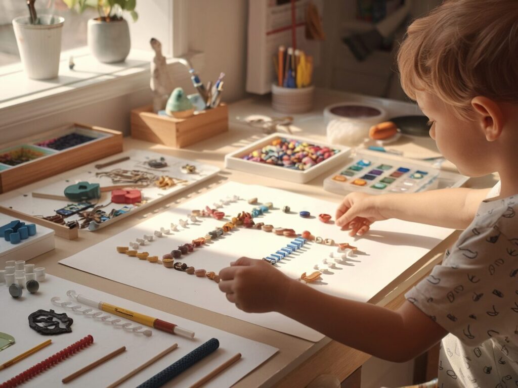 A young child, presumably a boy, engrossed in an artistic activity. He is seated at a wooden table adorned with various art supplies.