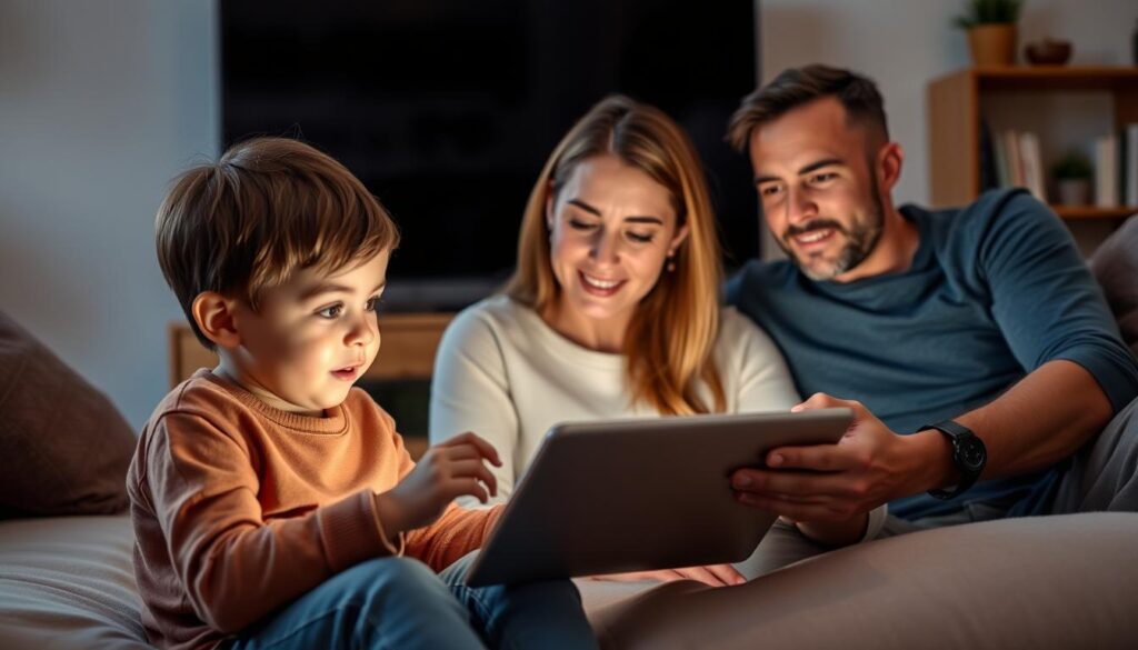 Family using tablet together on couch