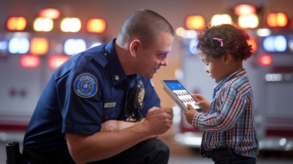 A photo of a first responder kneeling at a child's eye level, examining a digital communication device together. The child is holding a tablet with an AAC app visible.