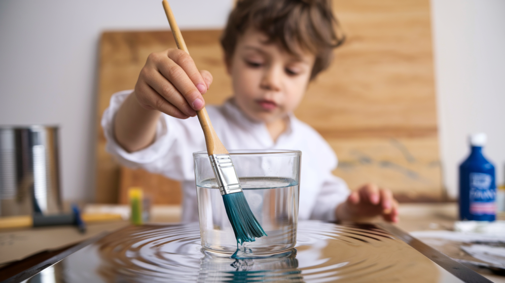 A photo of a young boy in the foreground dipping a paintbrush into a glass of water, creating ripples on the water's surface. The boy is wearing a white shirt and has brown hair. He is painting on a wooden board behind him.