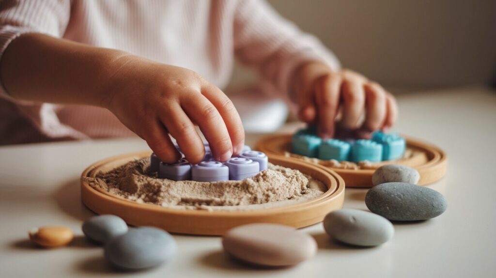 child plays with kinetic sand to calm down his distress