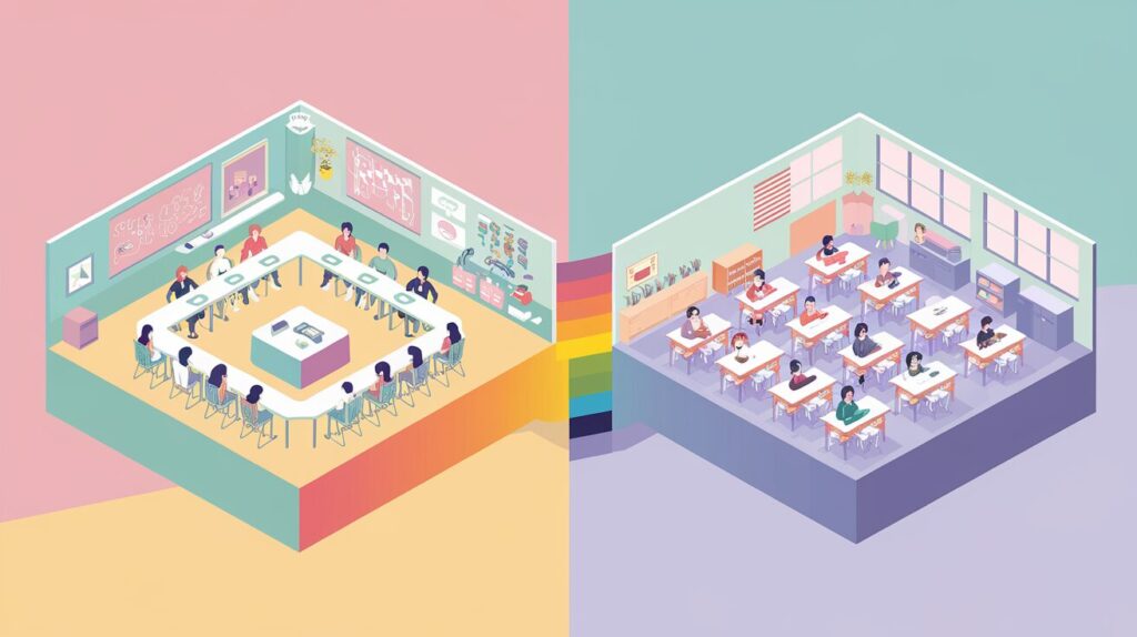 Visual comparison of communication and mainstream classrooms showing inclusive education bridge for autistic students