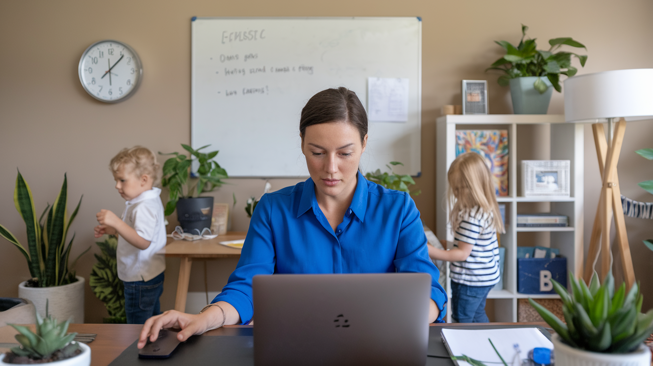 Woman working from home with children nearby.