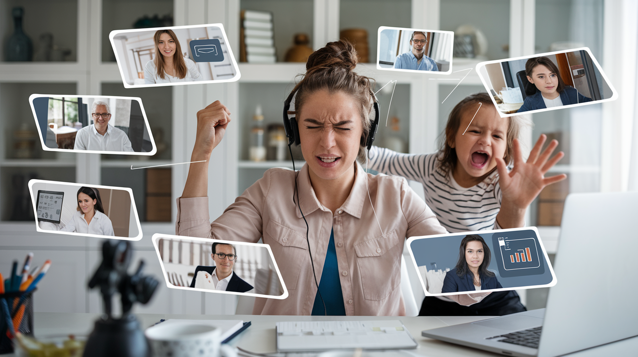 Frustrated mother multitasking with noisy child during work.