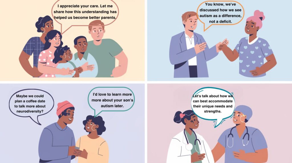 Transform autism sympathy into celebration and understanding. A series of four side-by-side illustrations showing positive interaction scenarios between parents and different people (family member, teacher, neighbor, healthcare provider) advocating for positive perception of autism.