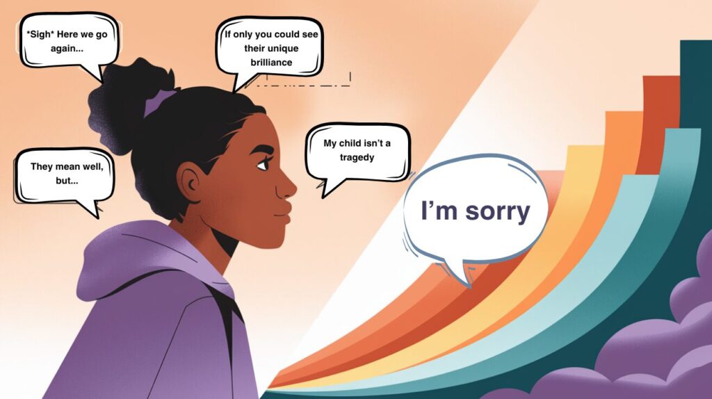 Parent confidently responding to autism sympathy with celebration. A split-panel illustration in a modern, minimalist style. On the left, a parent of an autistic child with a gentle, determined expression is shown in profile, looking towards the right panel. Subtle thought bubbles or overlapping transparent layers show their inner dialogue transitioning from initial reaction to confident response about her child's diagnosis and strangers reaction with "I'm sorry".