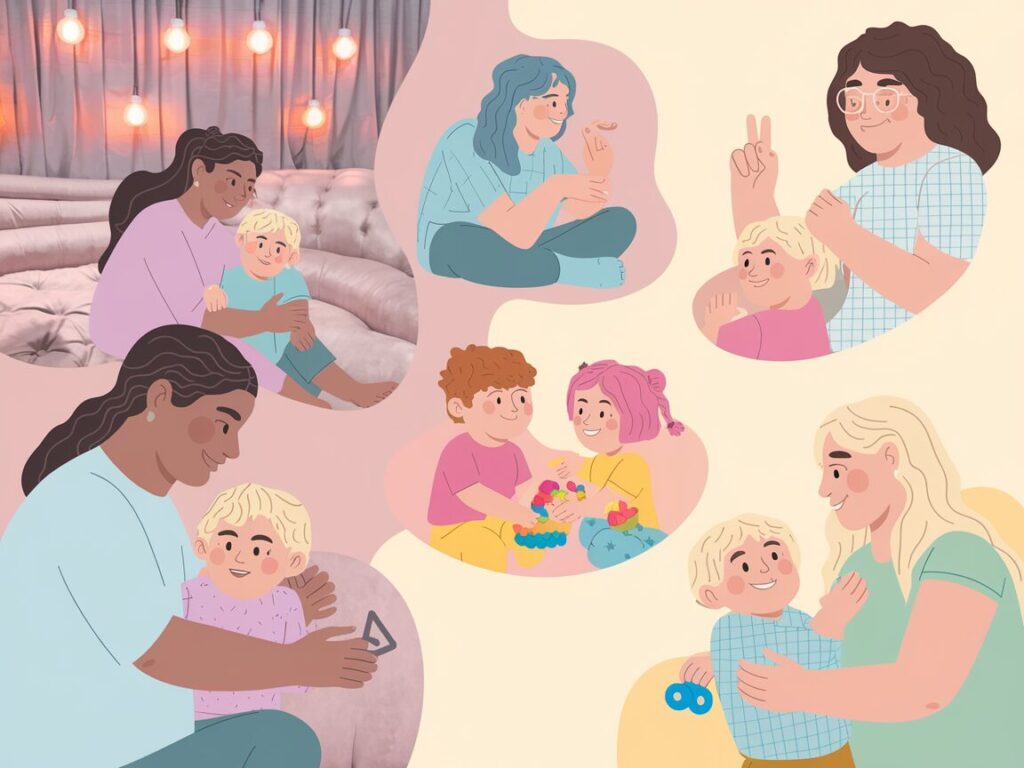 A photo of a nurturing and supportive scene where diverse parents are connecting with autistic children in various ways.