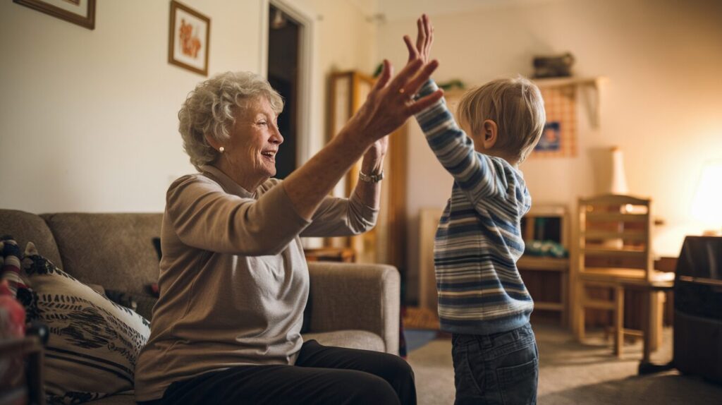 A photo of a room with a grandmother and an autistic grandson. The grandmother is sitting on a couch and has her hands raised. The grandson is standing near the grandmother, with his hands raised as well. The room has a few pieces of furniture and a few decorations. The lighting in the room is warm.