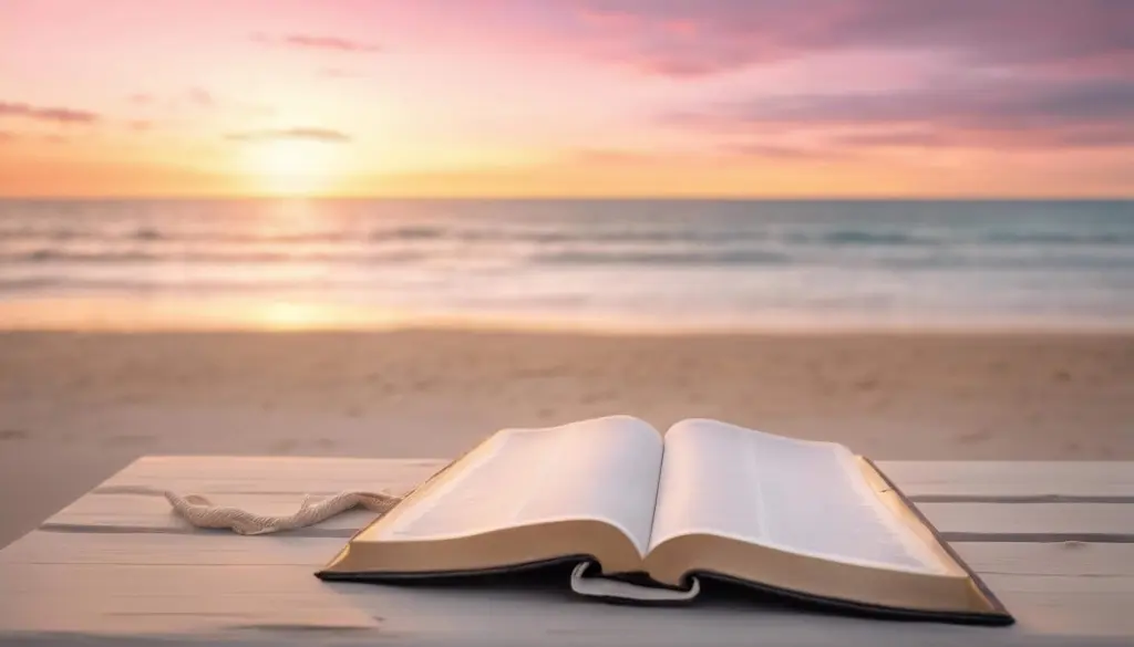 Open Book on Wooden Table at the Beach with Ocean Background