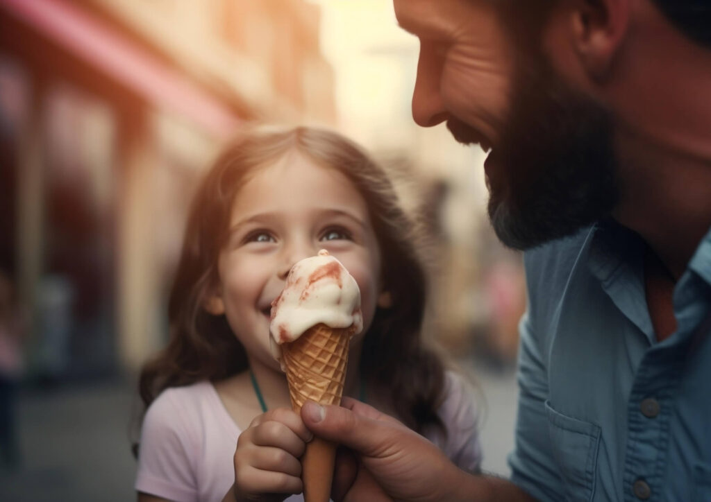 father with a daughter sharing ice cream