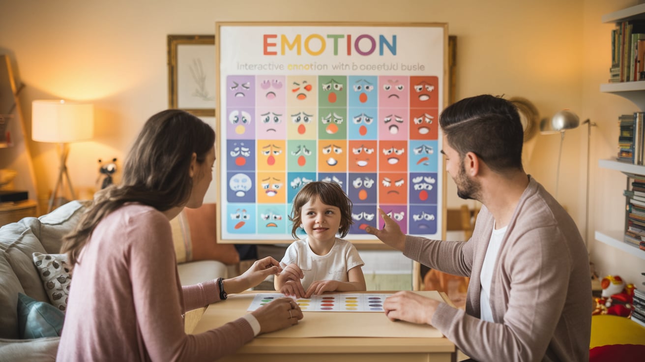 A warm and inviting home setting with a child using a colorful, interactive autism emotion chart with parental guidance.