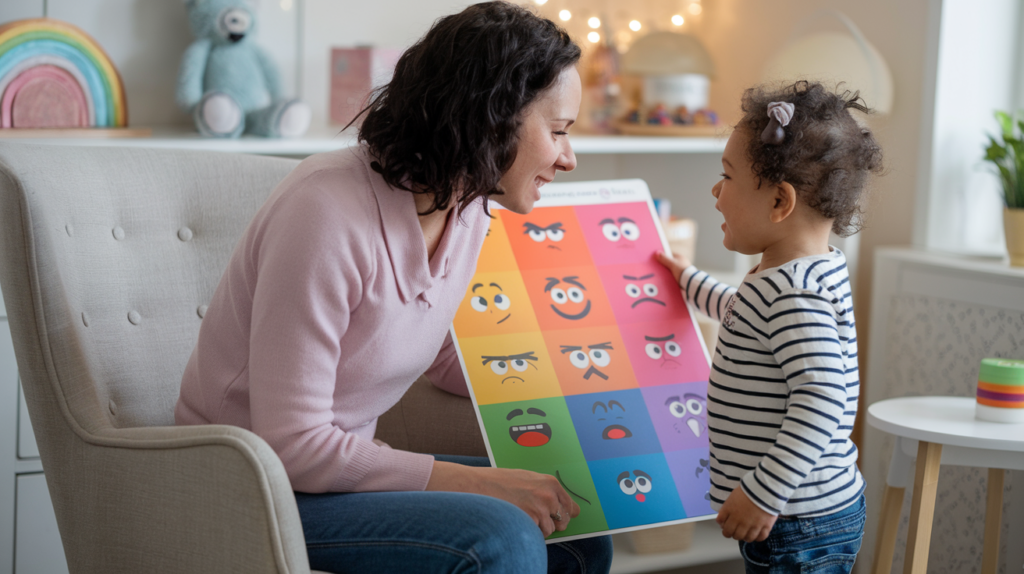 A photo of a caregiver and an autistic child engaging in a daily emotional check-in using a vibrant emotion chart.