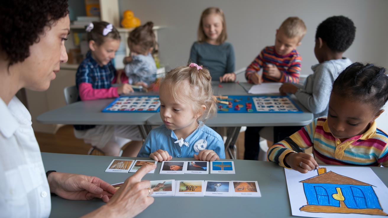 Autistic Children learning with visual aids in classroom