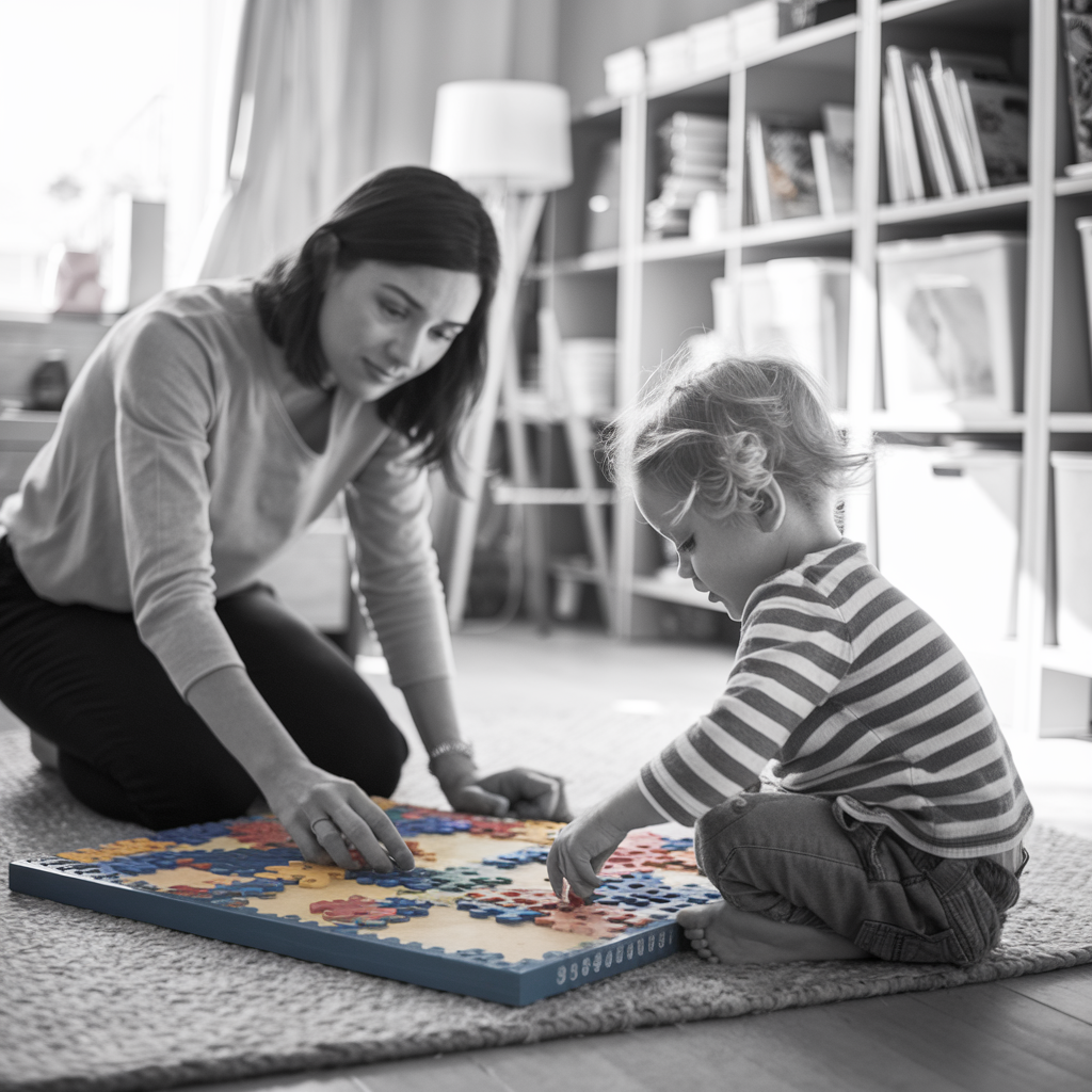 Mother and autistic child playing with colorful puzzle.