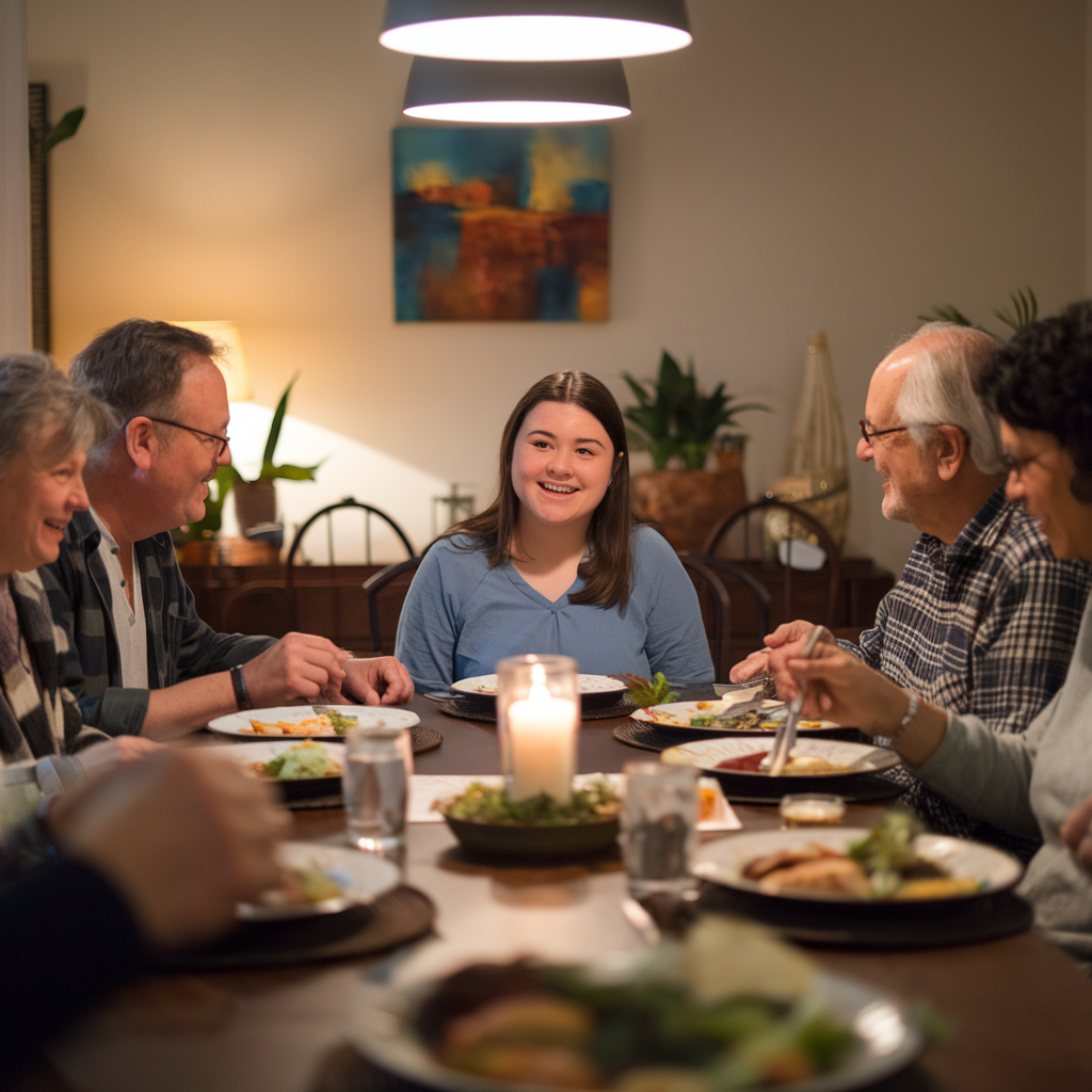 Family enjoying dinner together at home with autistic young woman masking her discomfort