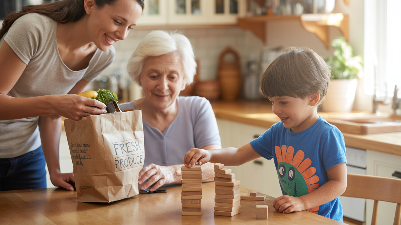 Family playing with blocks in kitchen