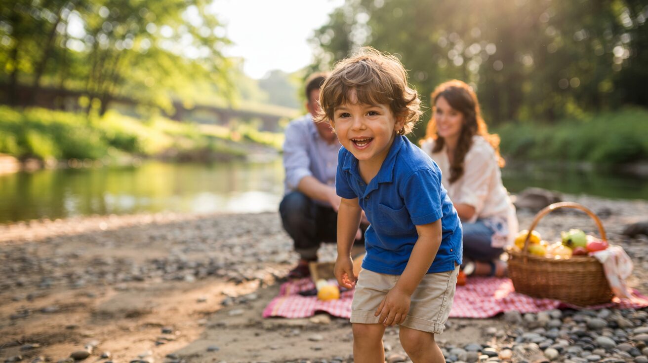 Child enjoying family picnic by riverbank