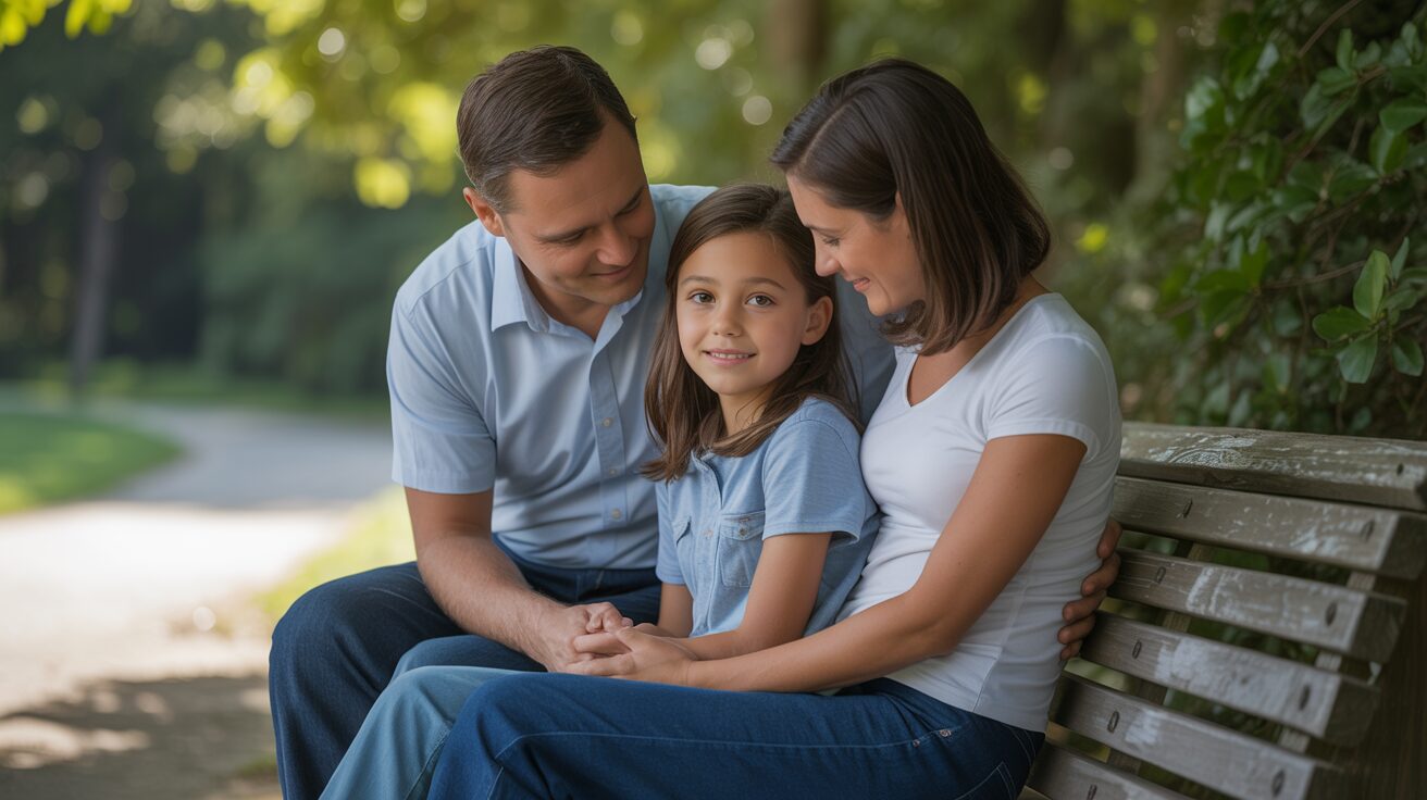 Family sitting happily on a park bench outdoors.