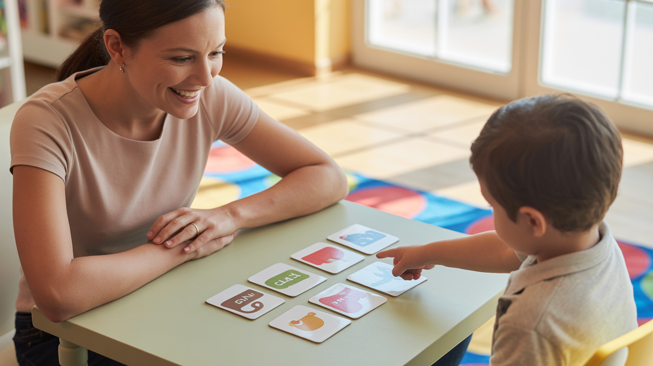Speech therapist and autistic child learning with flashcards at table.