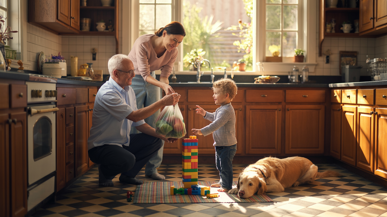 Family in kitchen with groceries and building blocks.
